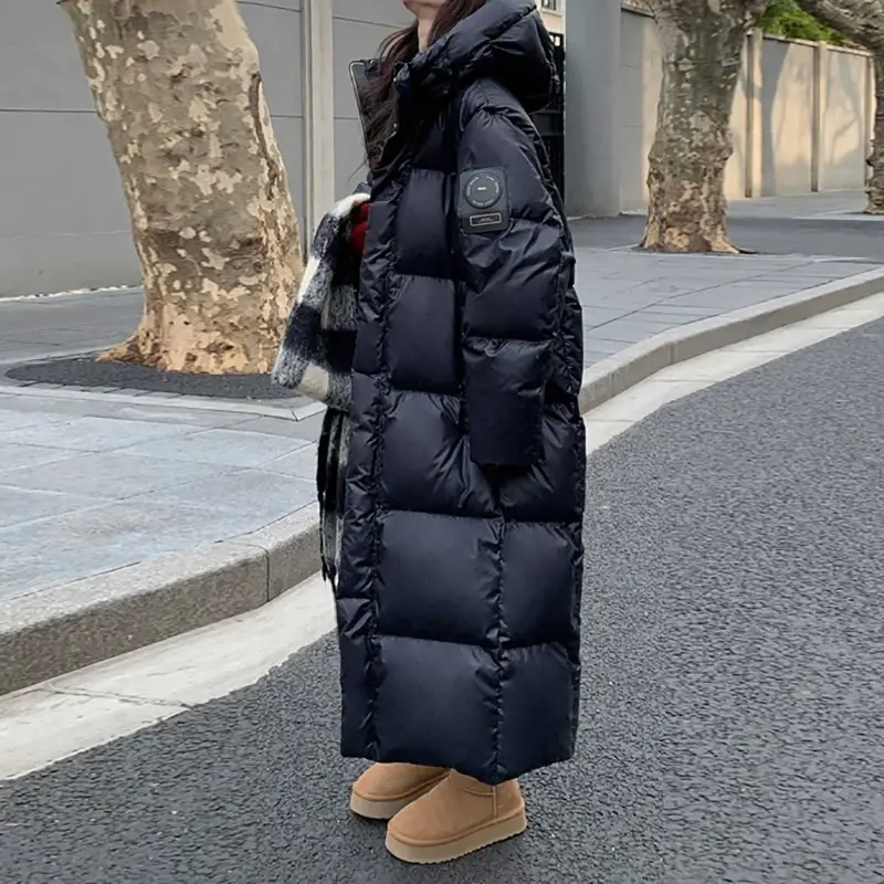 HELIAR Women Mock Neck PU Down Coat Zipper Thicken Long Coat Oversize Loose Hooded Down Coat Women Casual Parkas Autumn Winter