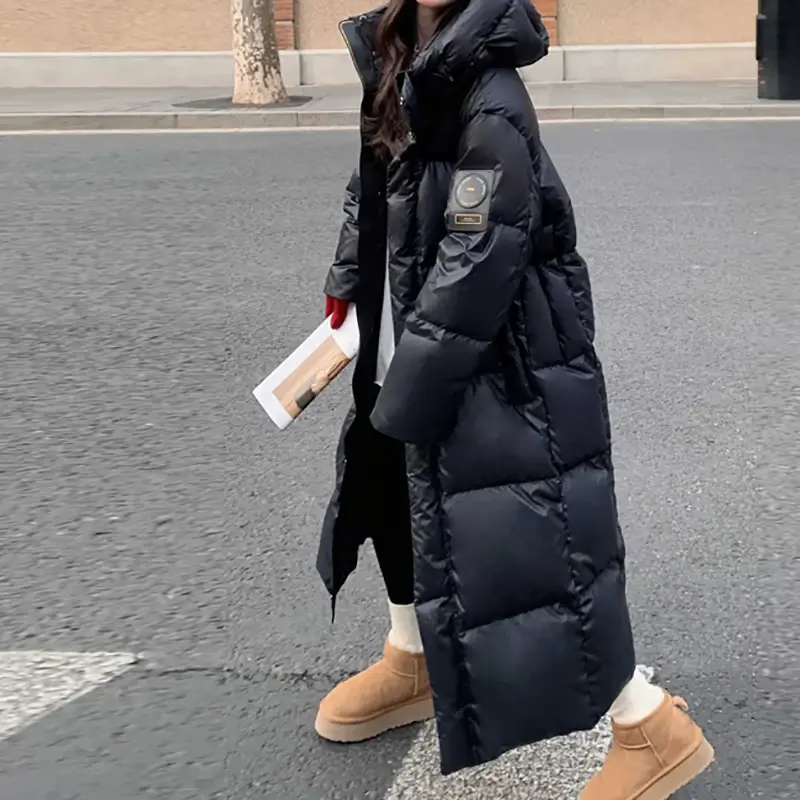 HELIAR Women Mock Neck PU Down Coat Zipper Thicken Long Coat Oversize Loose Hooded Down Coat Women Casual Parkas Autumn Winter
