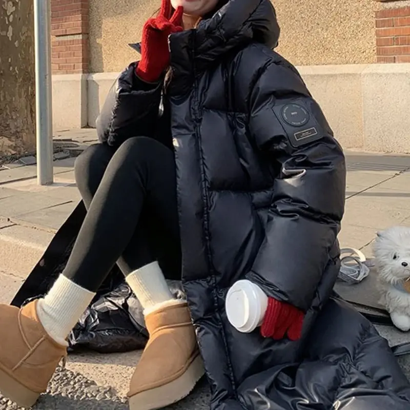 HELIAR Women Mock Neck PU Down Coat Zipper Thicken Long Coat Oversize Loose Hooded Down Coat Women Casual Parkas Autumn Winter