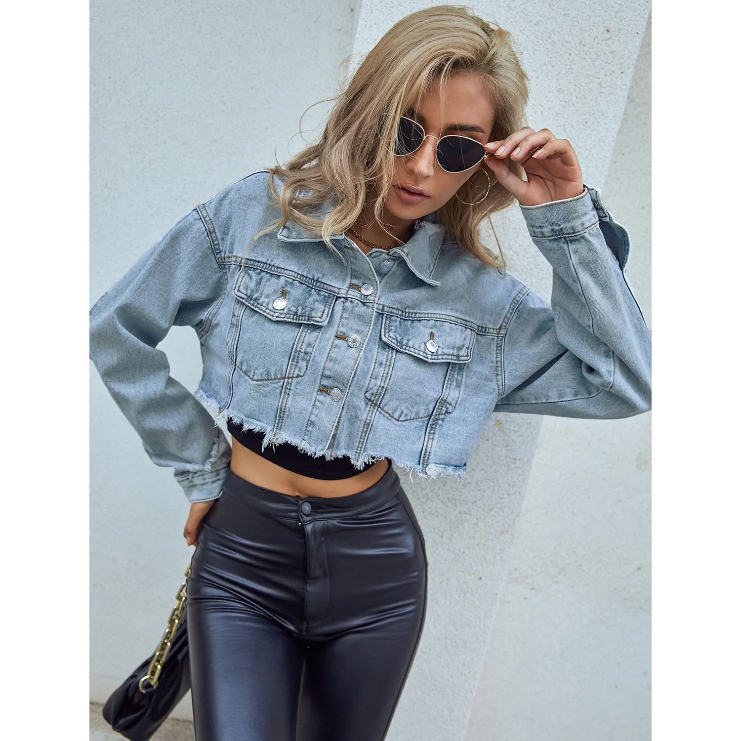 Denim Coat Turn Down Collar Women Jackets Long Sleeve Short Coats Solid Single Breasted Casual Jackets Hole Pockets Lady