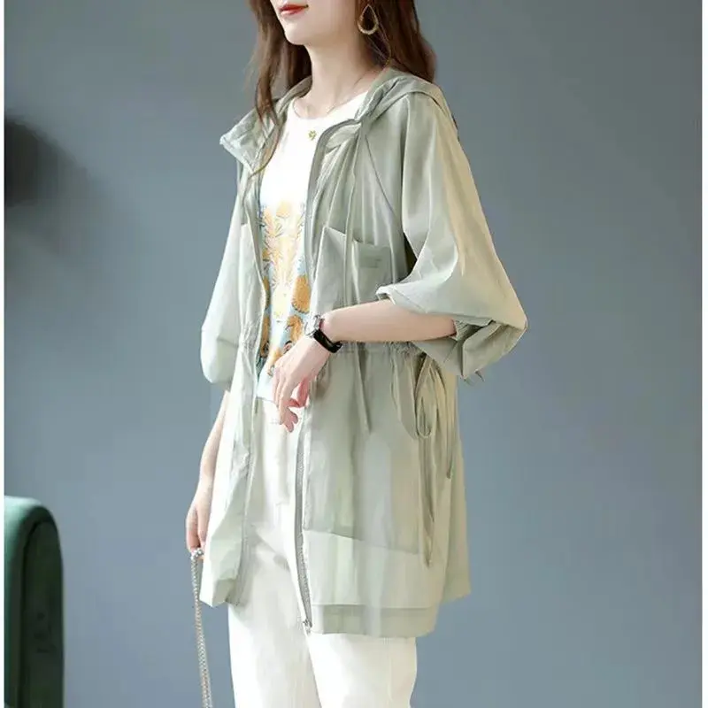 Summer Sunscreen For Women 2025 New Drawstring Waist Mid-length Thin Windbreaker UV Protection Cardigan Lightweight Trench Coat