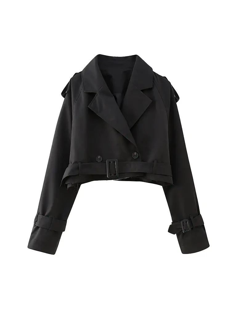 2025 Belt Cropped Trench Spring Jacket Women Vintage Streetwear Double Breasted Long Sleeve Top Female Coat Outfits