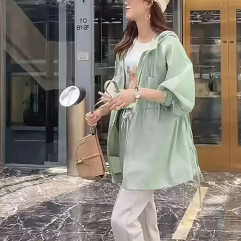 Summer Sunscreen For Women 2025 New Drawstring Waist Mid-length Thin Windbreaker UV Protection Cardigan Lightweight Trench Coat