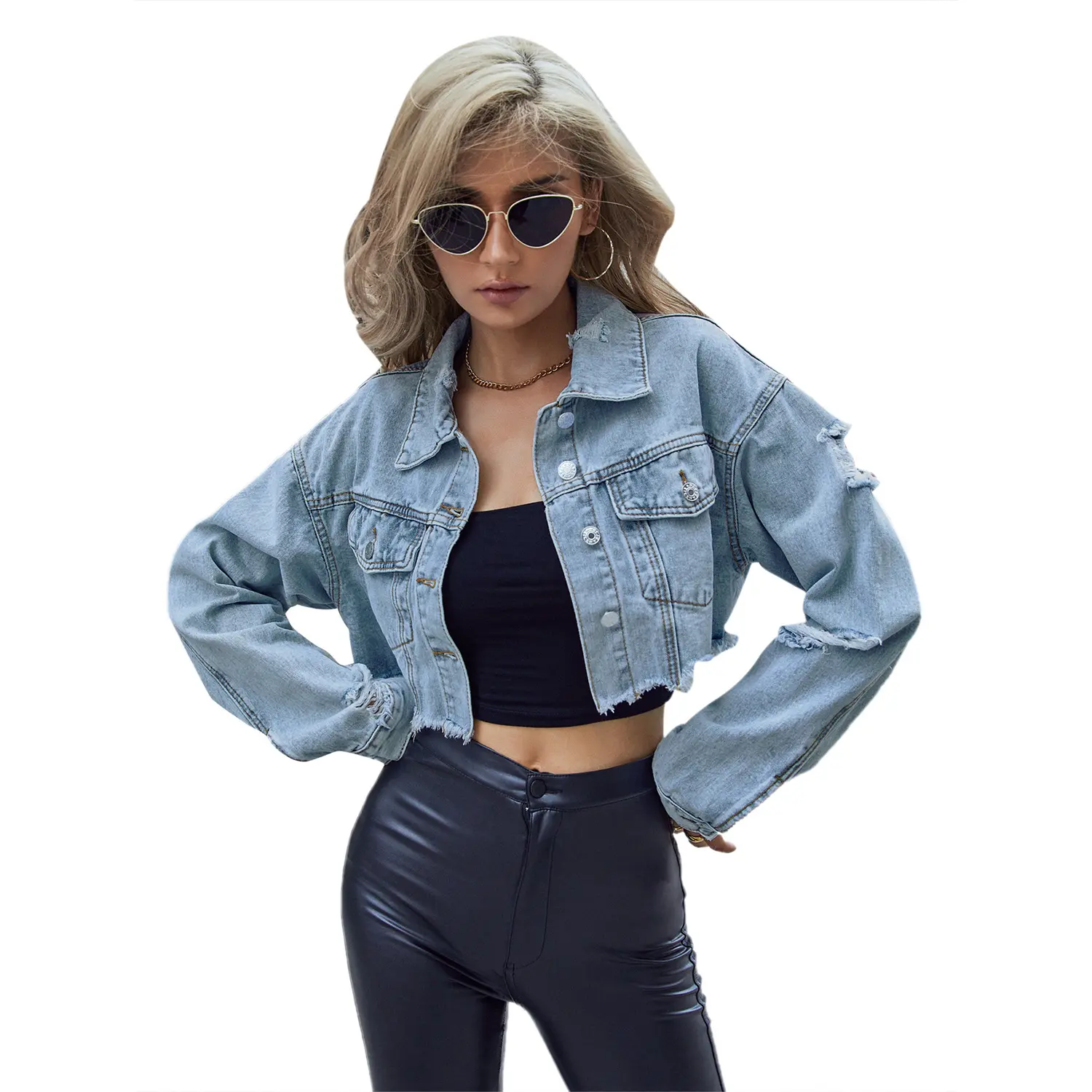 Denim Coat Turn Down Collar Women Jackets Long Sleeve Short Coats Solid Single Breasted Casual Jackets Hole Pockets Lady