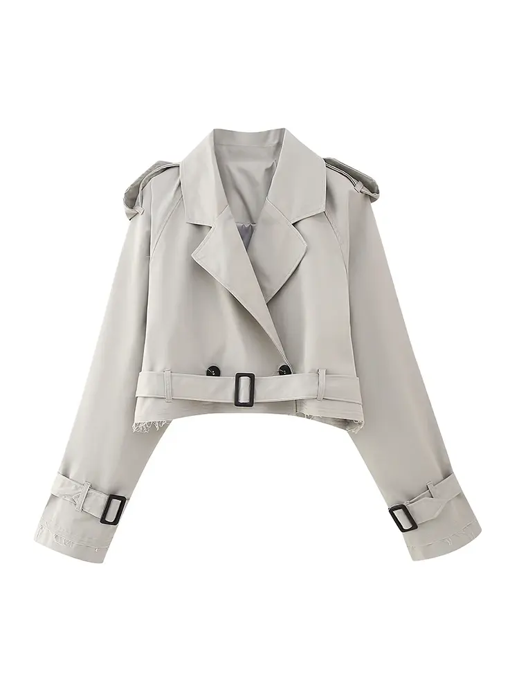 2025 Belt Cropped Trench Spring Jacket Women Vintage Streetwear Double Breasted Long Sleeve Top Female Coat Outfits