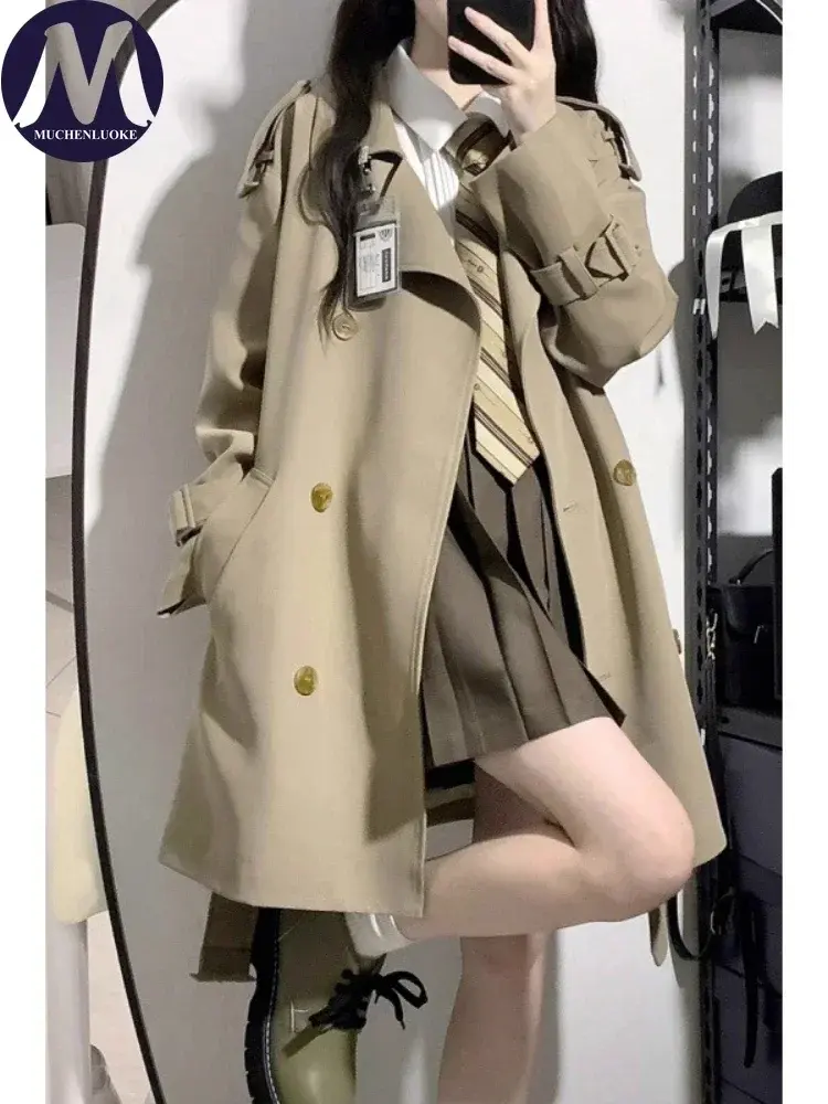 Women's Trench Coat 2024 Spring Autumn New Korean Fashion Long Sleeve Belt Mid Length Trench Casual Loose Lace Up Women Jackets