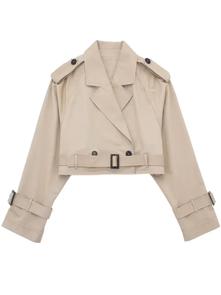 2025 Belt Cropped Trench Spring Jacket Women Vintage Streetwear Double Breasted Long Sleeve Top Female Coat Outfits