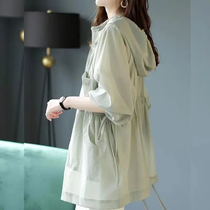 Summer Sunscreen For Women 2025 New Drawstring Waist Mid-length Thin Windbreaker UV Protection Cardigan Lightweight Trench Coat