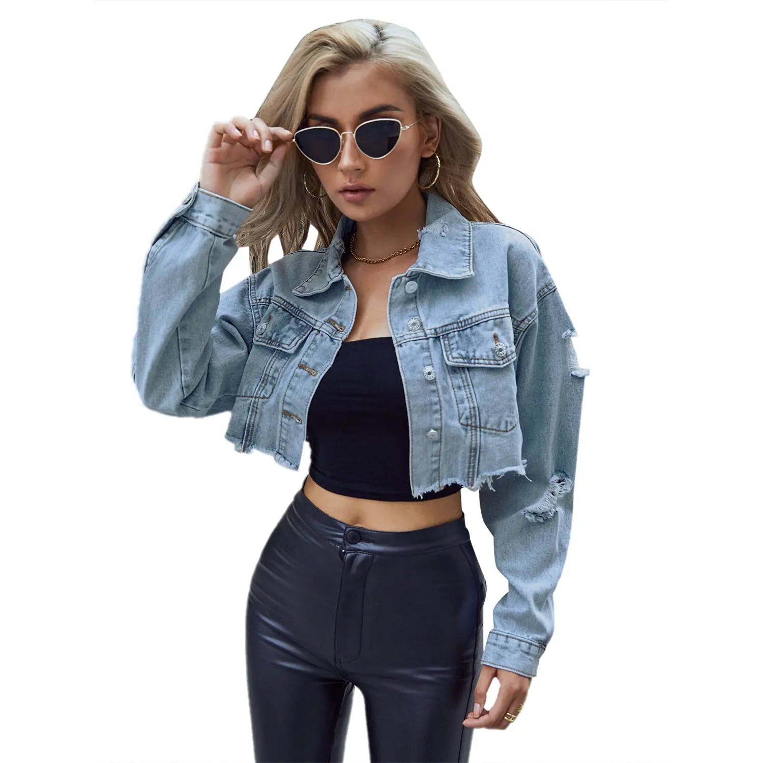 Denim Coat Turn Down Collar Women Jackets Long Sleeve Short Coats Solid Single Breasted Casual Jackets Hole Pockets Lady