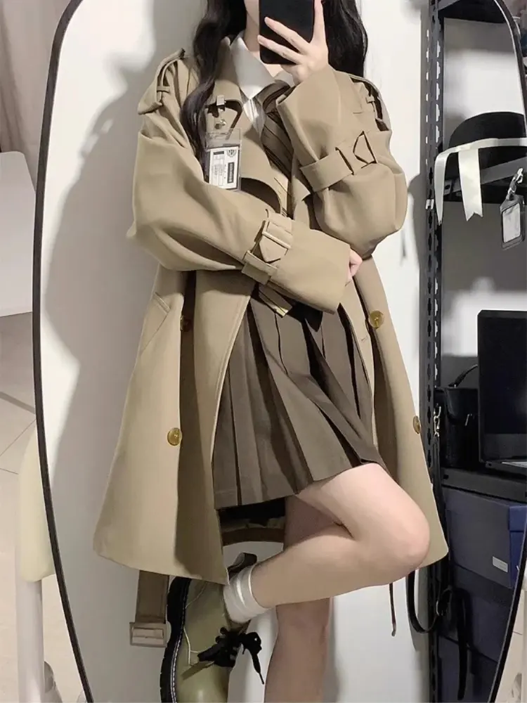 Women's Trench Coat 2024 Spring Autumn New Korean Fashion Long Sleeve Belt Mid Length Trench Casual Loose Lace Up Women Jackets