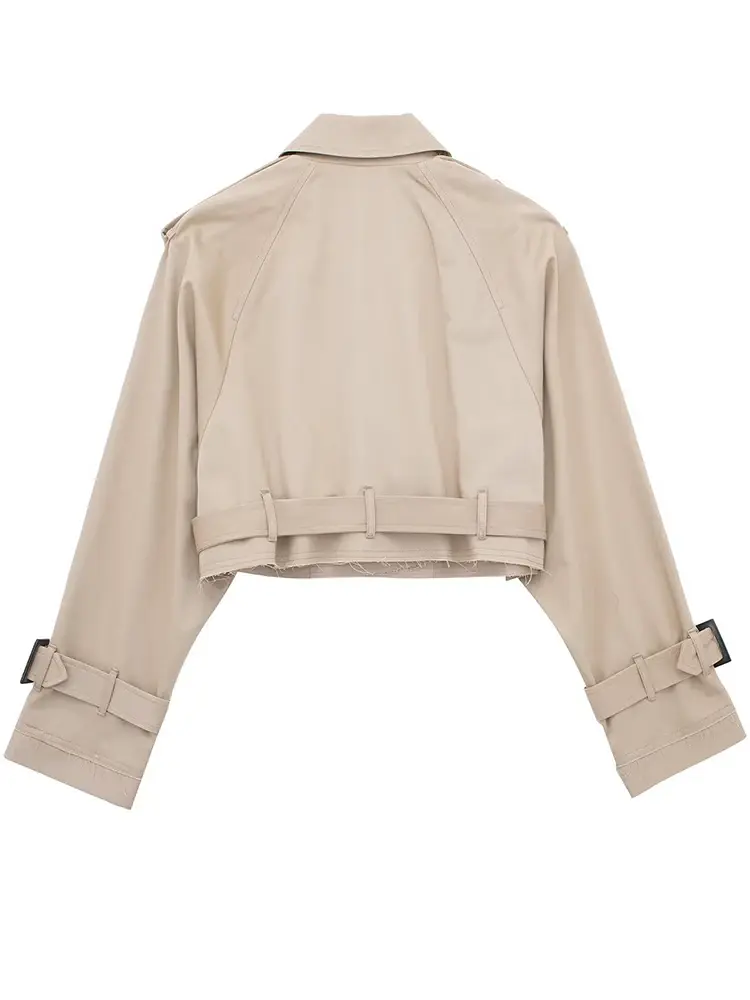 2025 Belt Cropped Trench Spring Jacket Women Vintage Streetwear Double Breasted Long Sleeve Top Female Coat Outfits