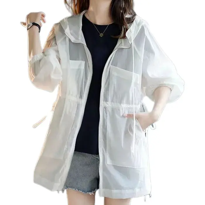 Summer Sunscreen For Women 2025 New Drawstring Waist Mid-length Thin Windbreaker UV Protection Cardigan Lightweight Trench Coat