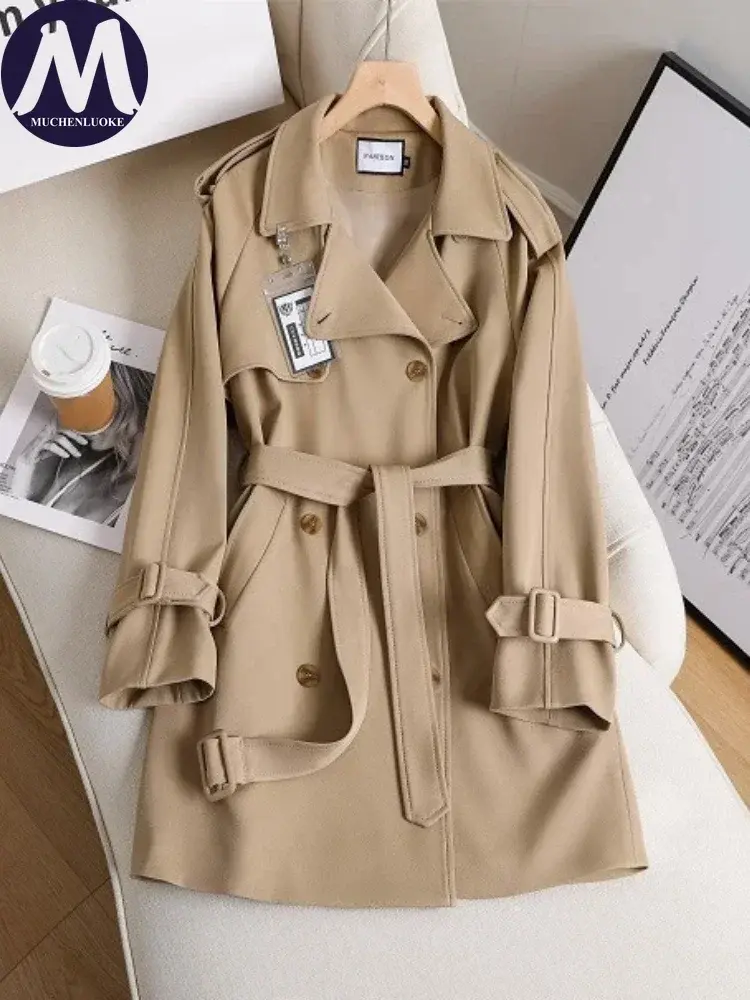 Women's Trench Coat 2024 Spring Autumn New Korean Fashion Long Sleeve Belt Mid Length Trench Casual Loose Lace Up Women Jackets