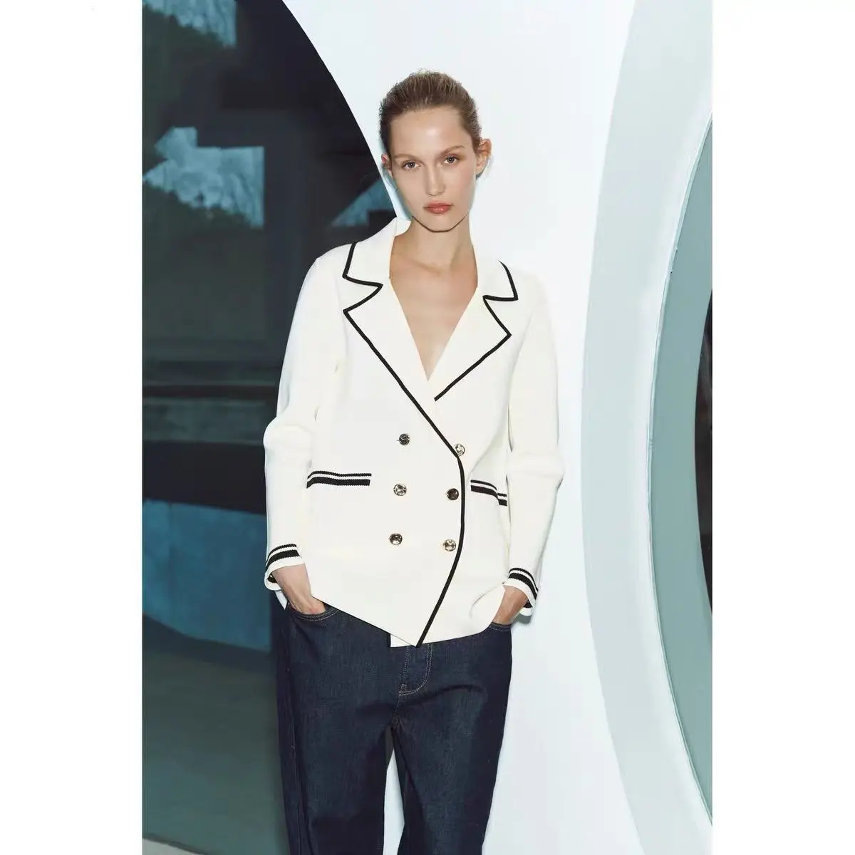 YY2678 25 Spring New Product: Women's College Style Double breasted Knitted Collar Long sleeved Suit Coat 4192026