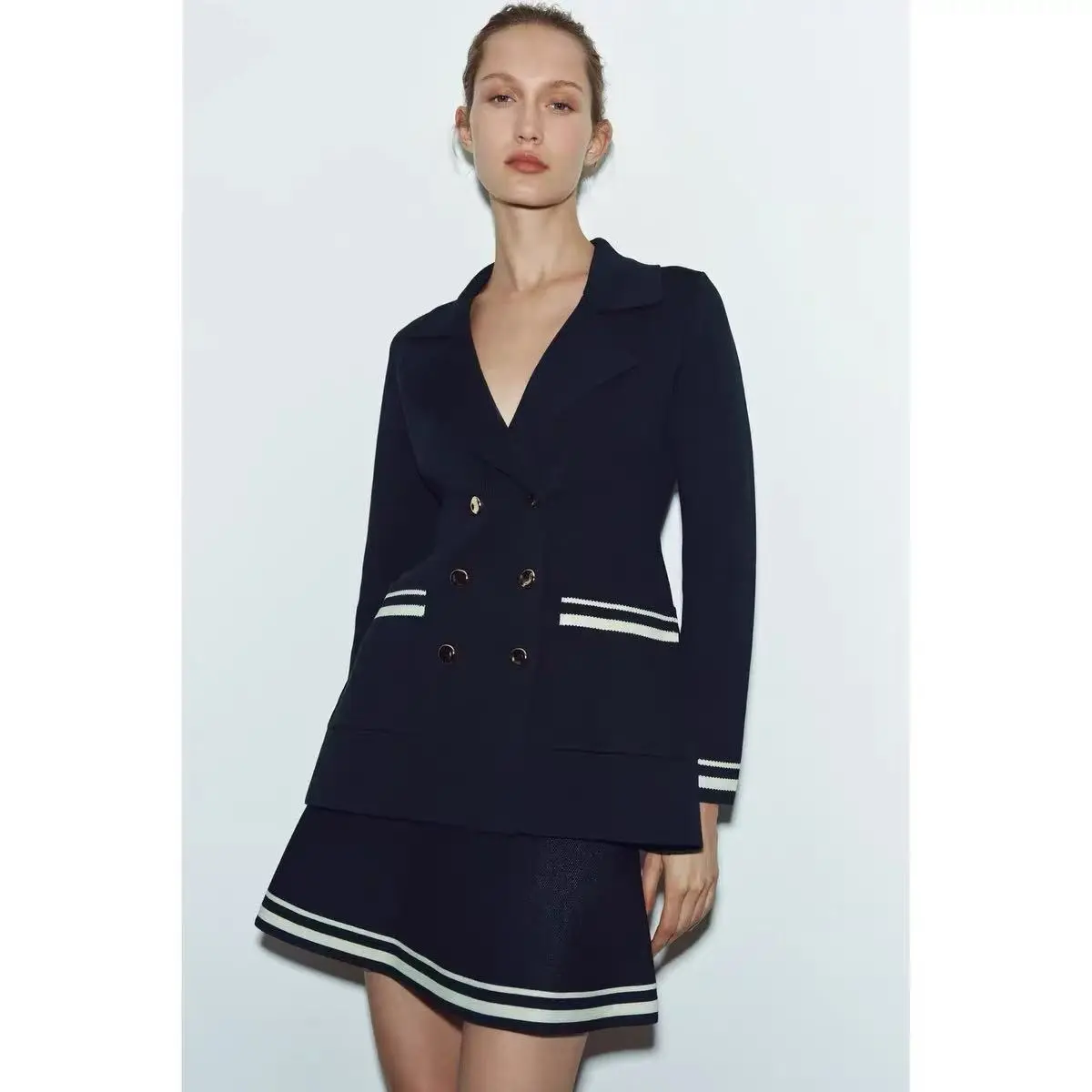YY2678 25 Spring New Product: Women's College Style Double breasted Knitted Collar Long sleeved Suit Coat 4192026