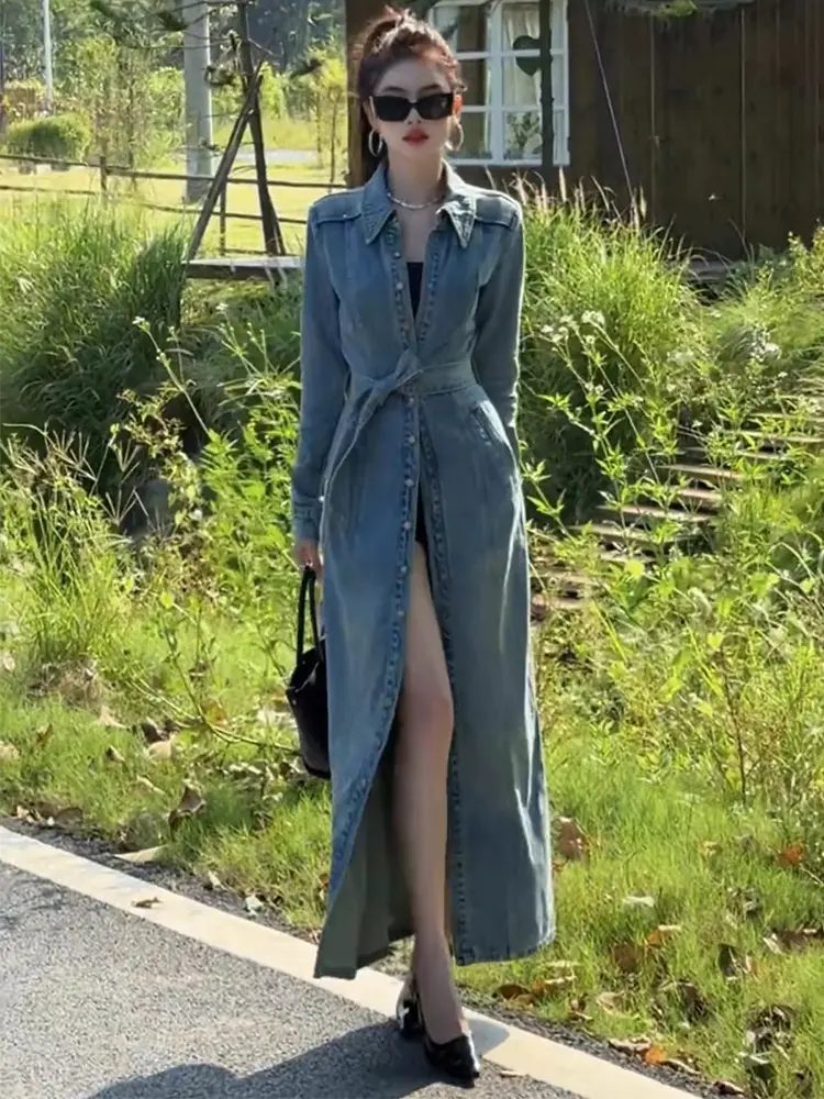 Retro Single Breasted Denim Jacket Turndown Collar Long Windbreaker Women's Spring Autumn New Style Temperament Lace Up Coat