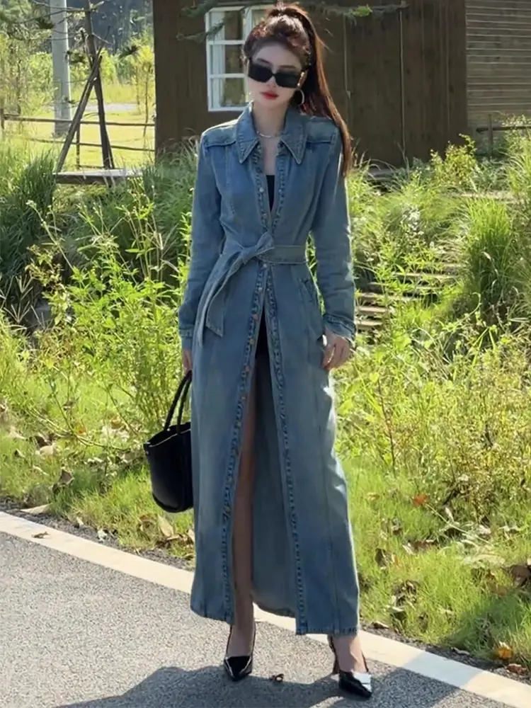 Retro Single Breasted Denim Jacket Turndown Collar Long Windbreaker Women's Spring Autumn New Style Temperament Lace Up Coat