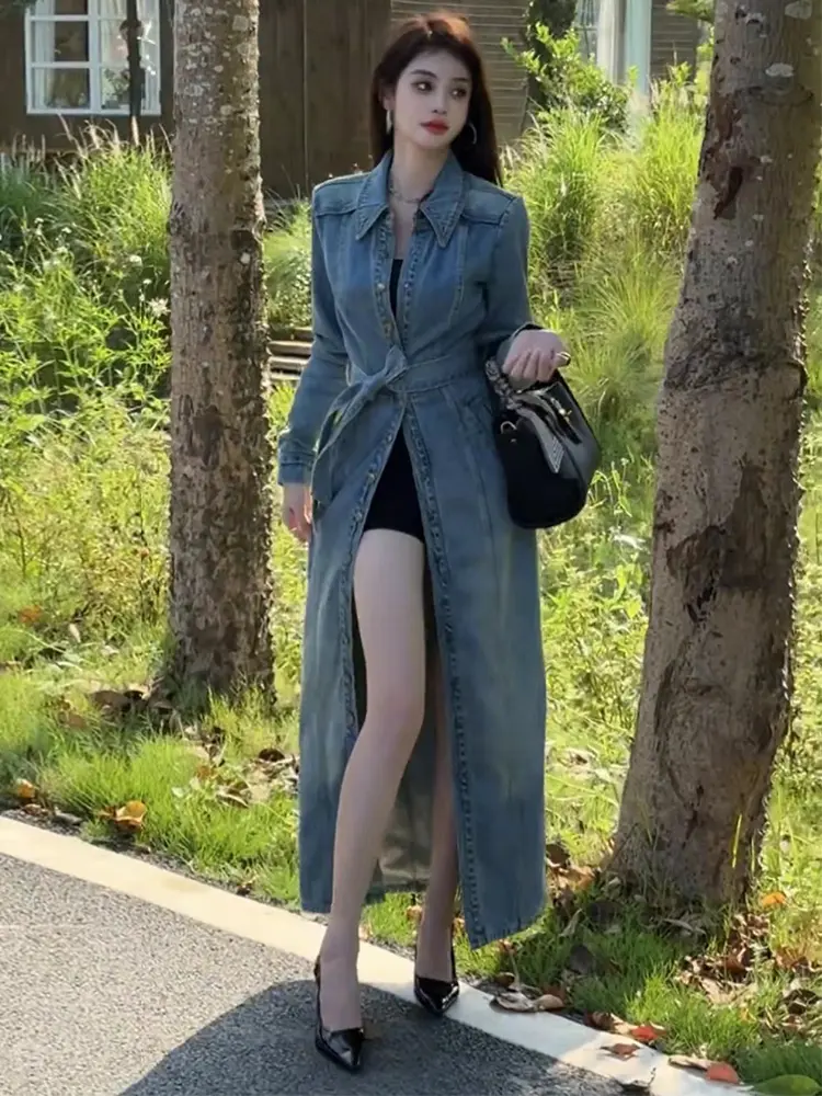 Retro Single Breasted Denim Jacket Turndown Collar Long Windbreaker Women's Spring Autumn New Style Temperament Lace Up Coat