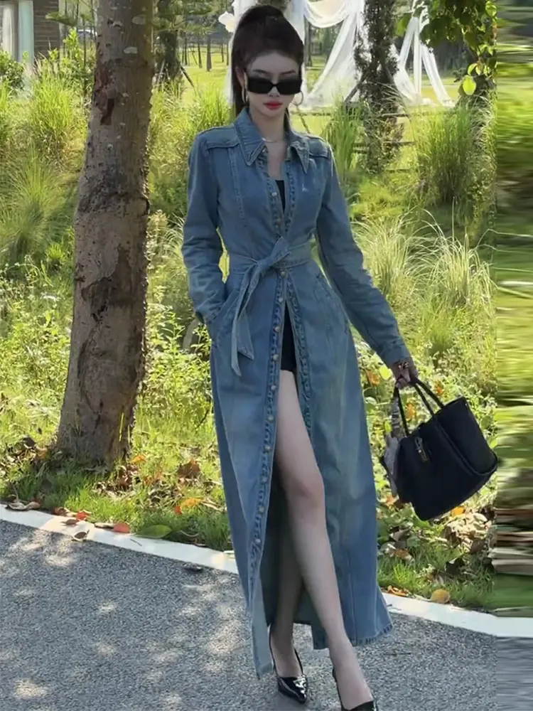 Retro Single Breasted Denim Jacket Turndown Collar Long Windbreaker Women's Spring Autumn New Style Temperament Lace Up Coat