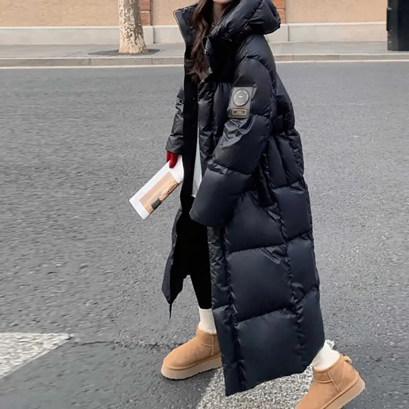 ITOOLIN Women Mock Neck PU Down Coat Zipper Thicken Long Coat Oversize Loose Hooded Down Coat Women Casual Parkas Fall Winter