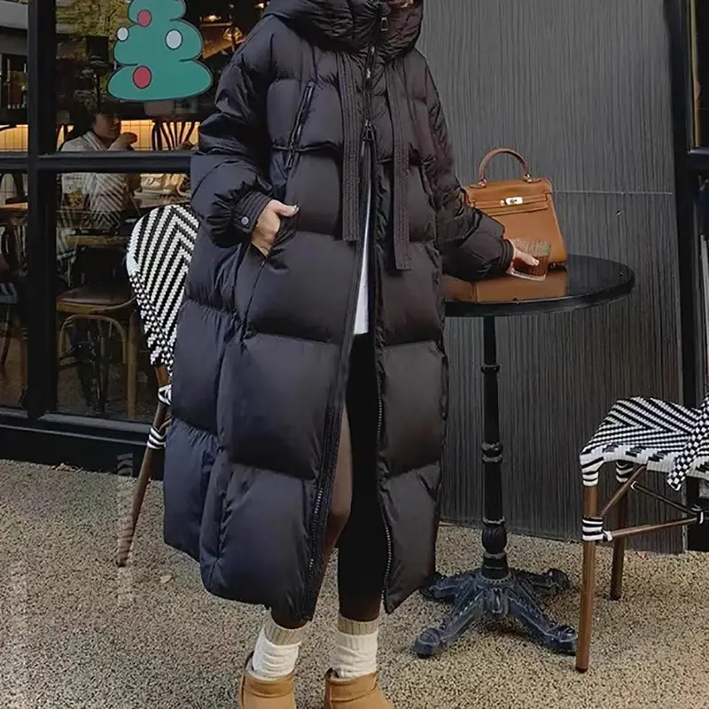EVNISI Women Casual Thicken Warm Hooded Down Coat Lady Office Parkas Long Sleeve Zipper Pocket Long Coat Fall Winter Down Coat