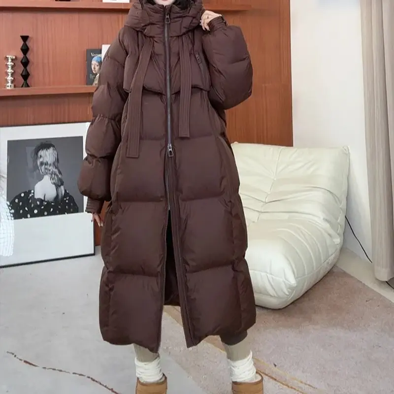 EVNISI Women Casual Thicken Warm Hooded Down Coat Lady Office Parkas Long Sleeve Zipper Pocket Long Coat Fall Winter Down Coat