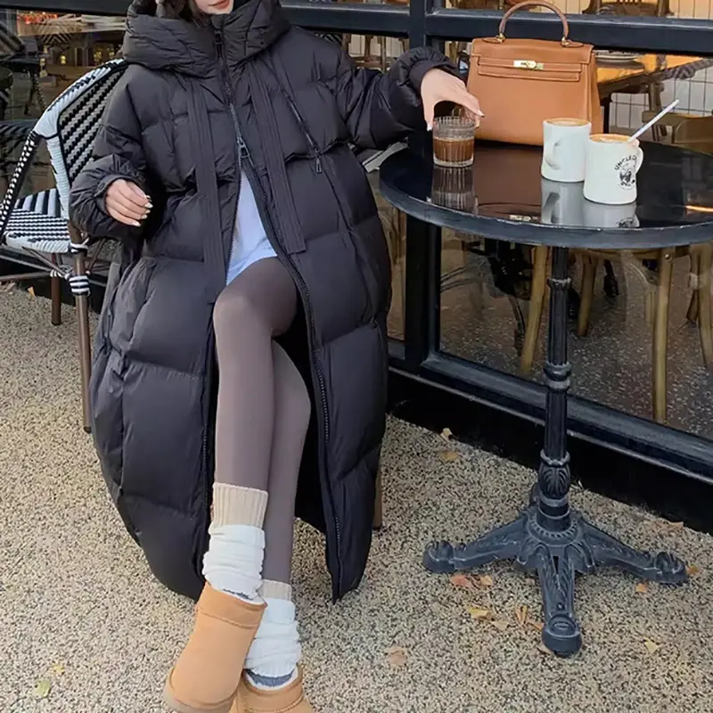 EVNISI Women Casual Thicken Warm Hooded Down Coat Lady Office Parkas Long Sleeve Zipper Pocket Long Coat Fall Winter Down Coat