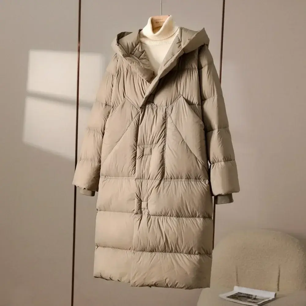 Winter New Puffer Fashion Oversize Hooded Sashes Tie Up Over The Knee Coat Women White Duck Down Jacket Solid Thick Warm Female