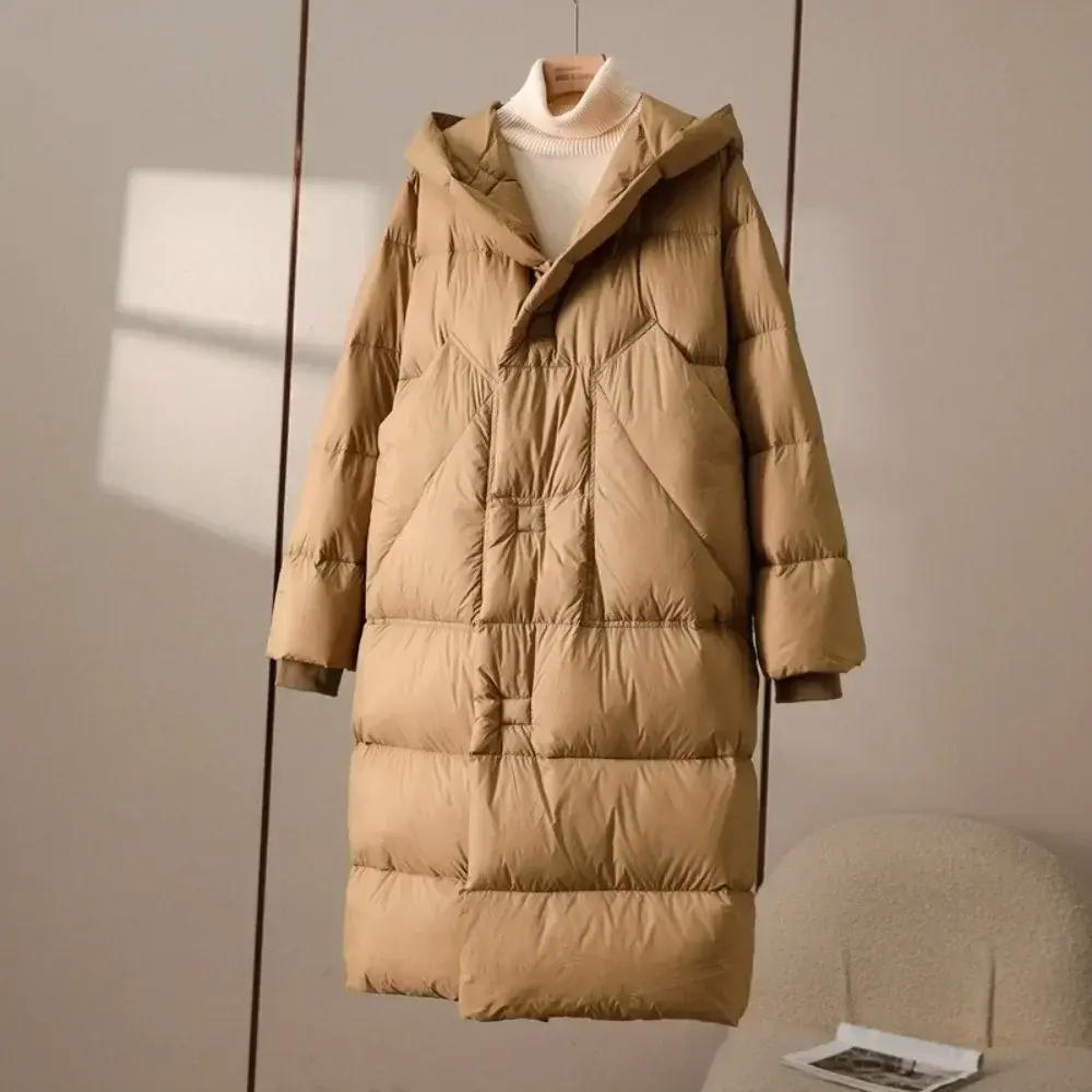 Winter New Puffer Fashion Oversize Hooded Sashes Tie Up Over The Knee Coat Women White Duck Down Jacket Solid Thick Warm Female