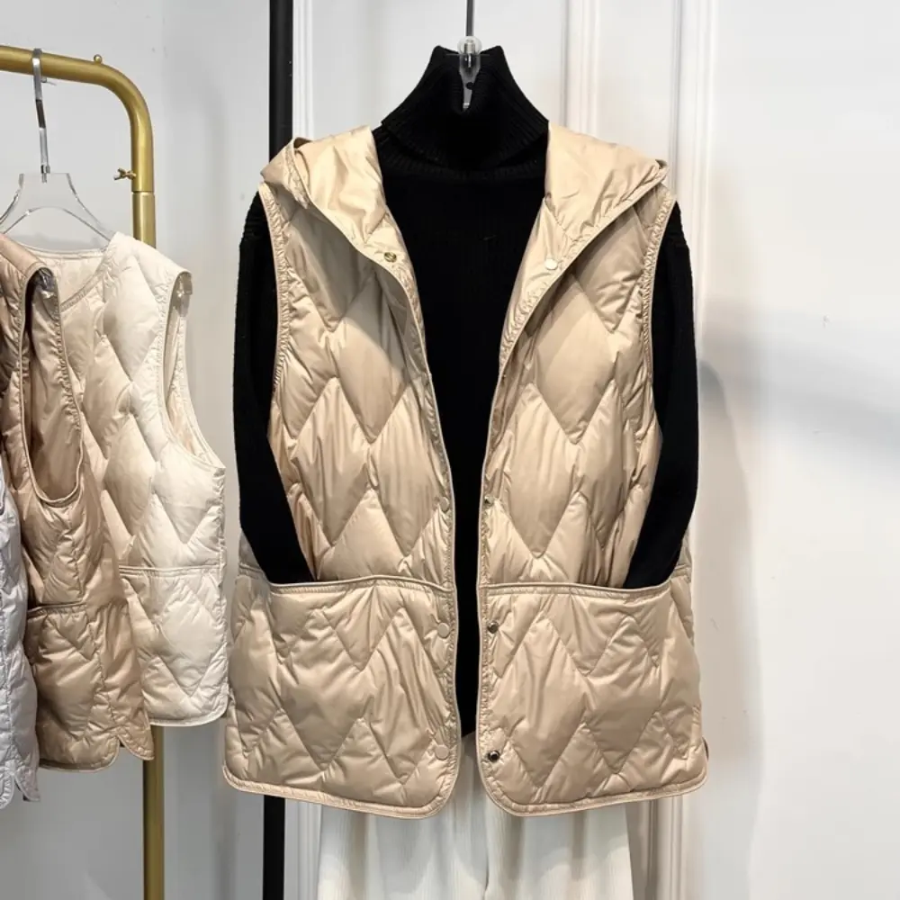 Puffer jacket 2025 Autumn Winter Short Sleeveless Loose Hooded Down Vest Women Lightweight 90% White Duck Down Waistcoat Female