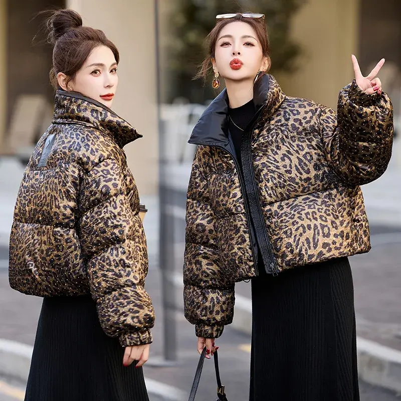 Ladies Thickened Winter Duffel Coat Leopard Print Stand Collar down Jacket American Style Fashionable Outerwear for Women