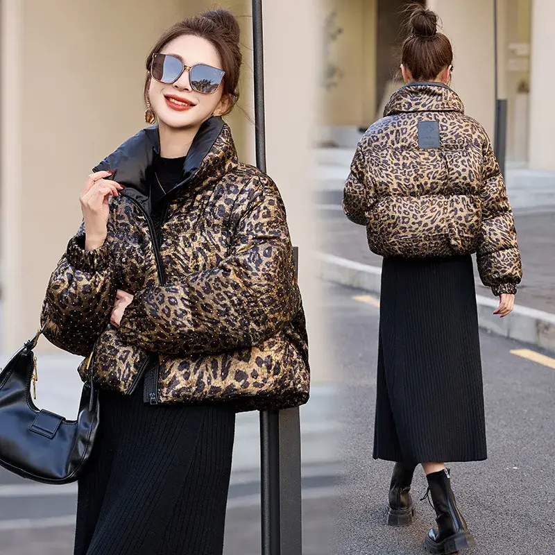 Ladies Thickened Winter Duffel Coat Leopard Print Stand Collar down Jacket American Style Fashionable Outerwear for Women