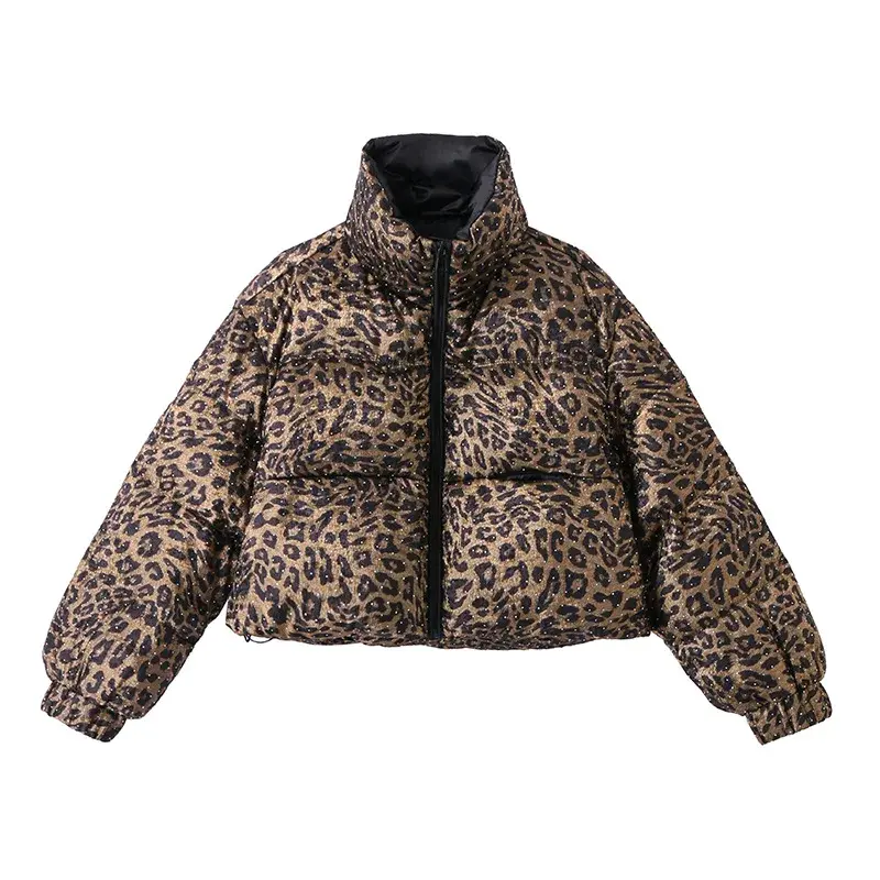 Ladies Thickened Winter Duffel Coat Leopard Print Stand Collar down Jacket American Style Fashionable Outerwear for Women