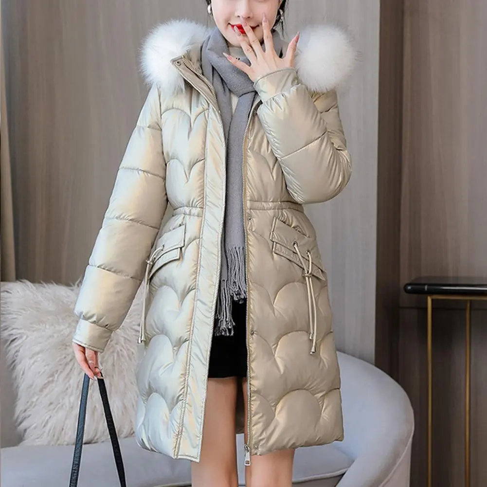 Winter Women Coat Thickened Padded Faux Fur Long Sleeve Zipper Closure Cotton Lady Down Coat Slim Fit Mid Length Pockets Jacket