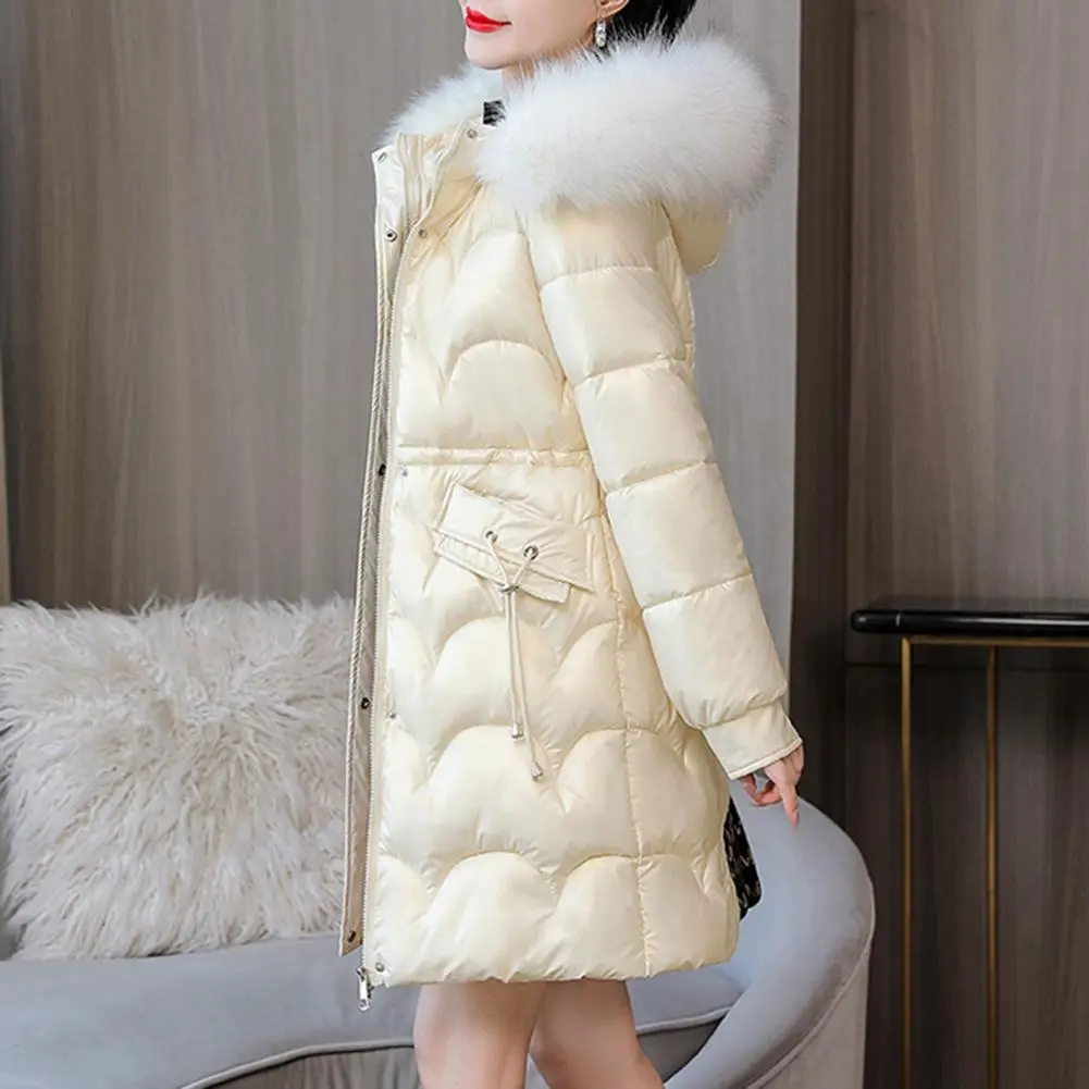 Winter Women Coat Thickened Padded Faux Fur Long Sleeve Zipper Closure Cotton Lady Down Coat Slim Fit Mid Length Pockets Jacket
