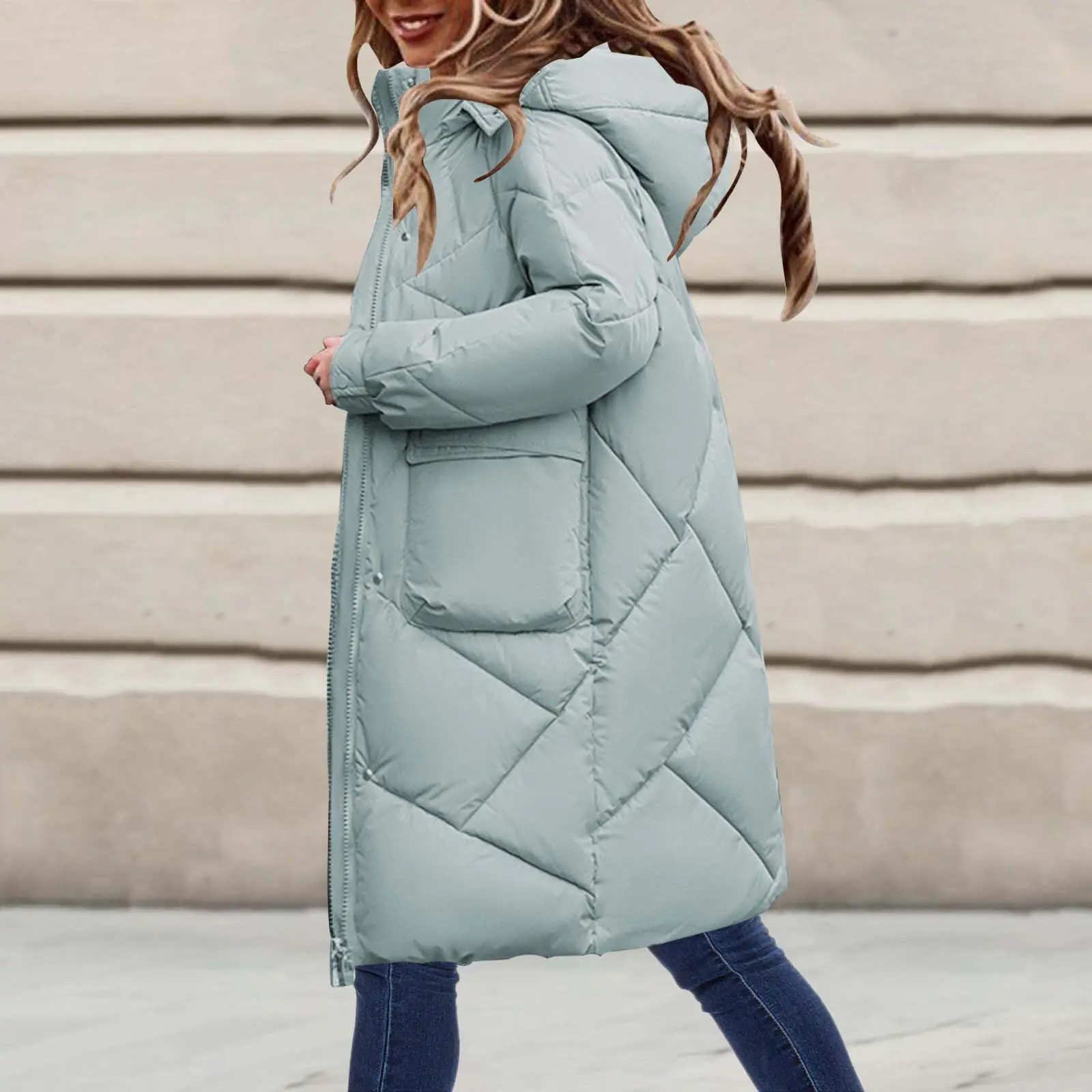 Women's Solid Color Thickened Down Jacket Coat Long Hooded Cotton Padded Overcoat For Winter Women Long down Coat with Hood