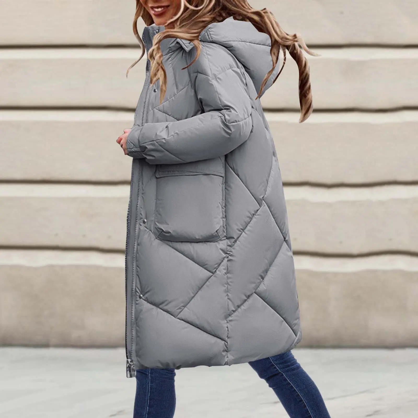 Women's Solid Color Thickened Down Jacket Coat Long Hooded Cotton Padded Overcoat For Winter Women Long down Coat with Hood