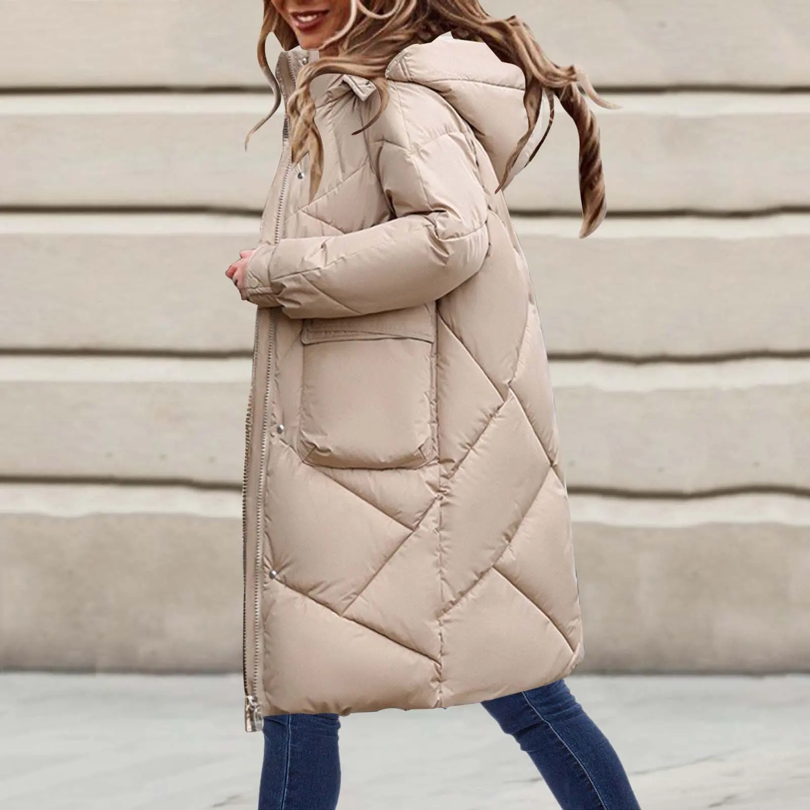 Women's Solid Color Thickened Down Jacket Coat Long Hooded Cotton Padded Overcoat For Winter Women Long down Coat with Hood