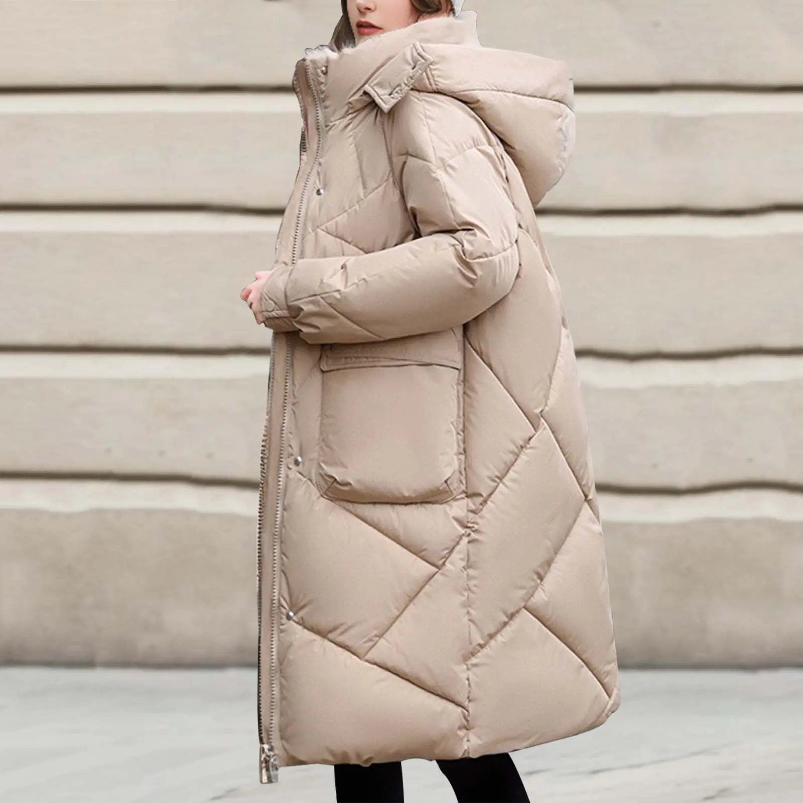 Women's Solid Color Thickened Down Jacket Coat Long Hooded Cotton Padded Overcoat For Winter Women Long down Coat with Hood