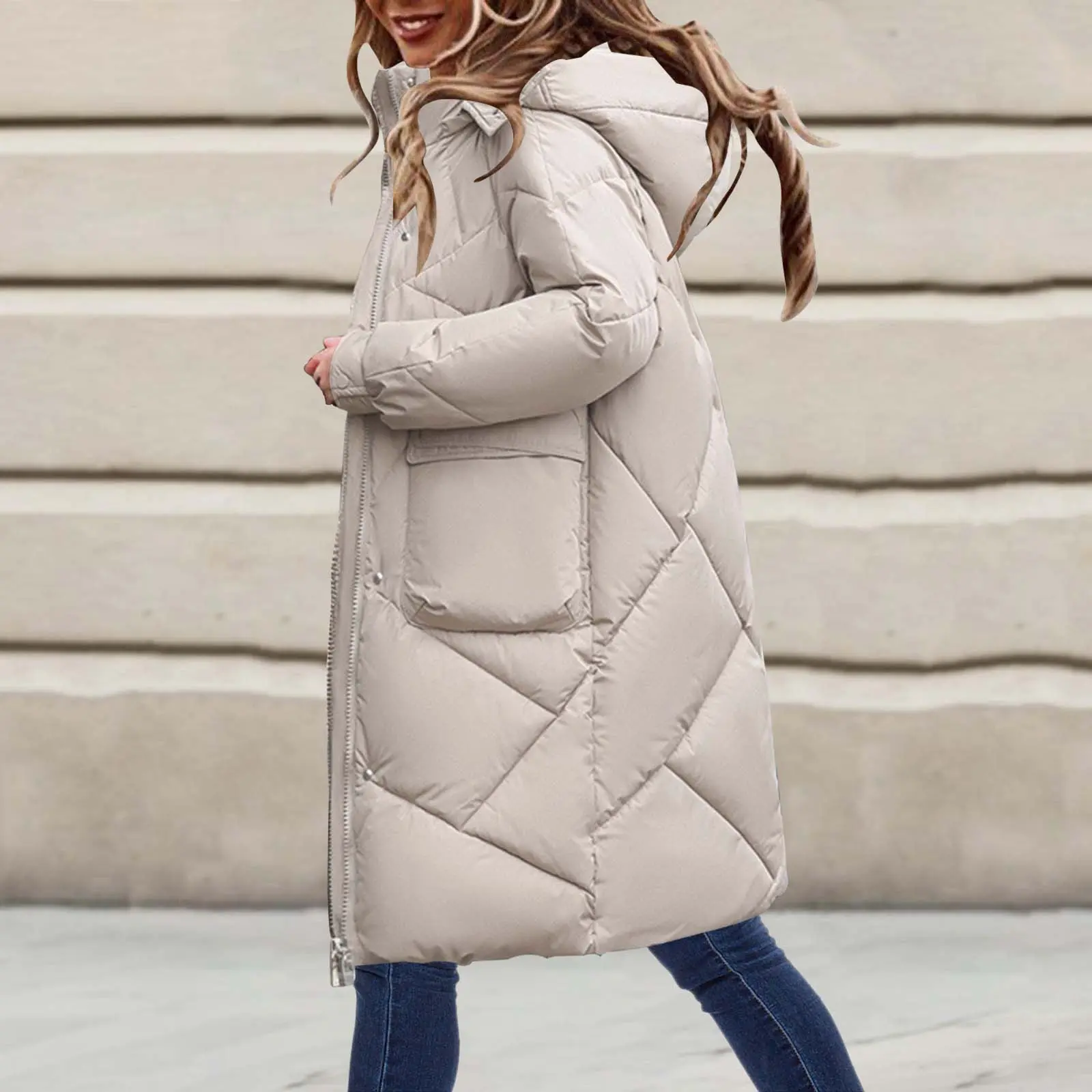 Women's Solid Color Thickened Down Jacket Coat Long Hooded Cotton Padded Overcoat For Winter Women Long down Coat with Hood