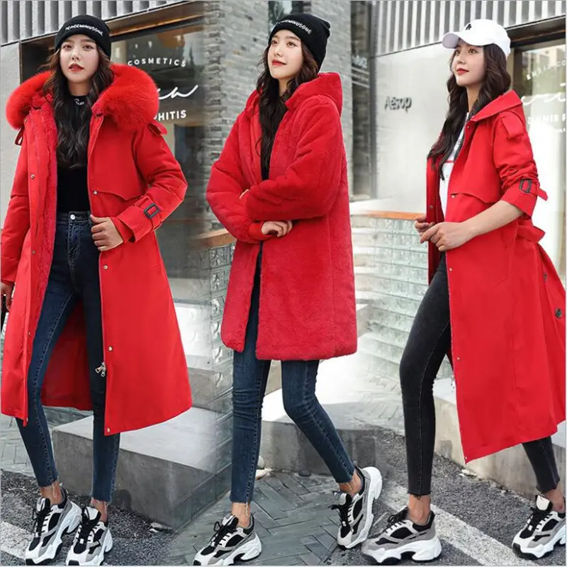 Women's Winter Jacket Hooded X-Long Thick Warm Cotton Padded Parkas Woman Wool Liner Distachable Plus Size Jackets Coat