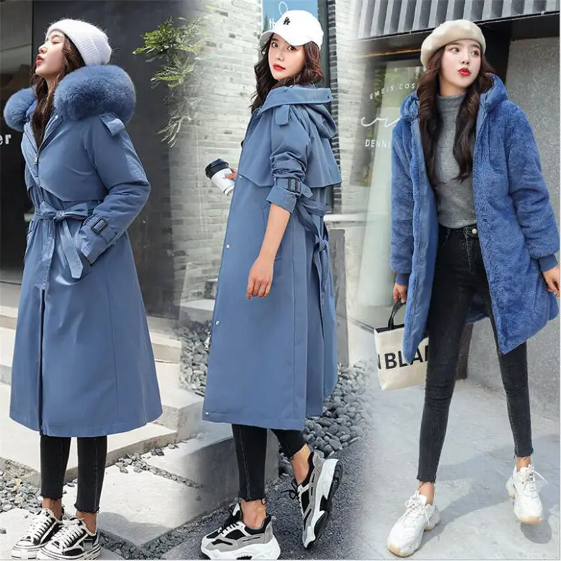 Women's Winter Jacket Hooded X-Long Thick Warm Cotton Padded Parkas Woman Wool Liner Distachable Plus Size Jackets Coat