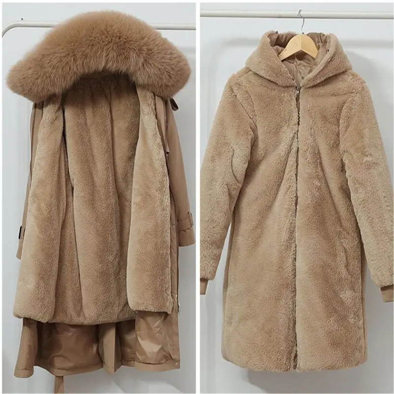 Women's Winter Jacket Hooded X-Long Thick Warm Cotton Padded Parkas Woman Wool Liner Distachable Plus Size Jackets Coat