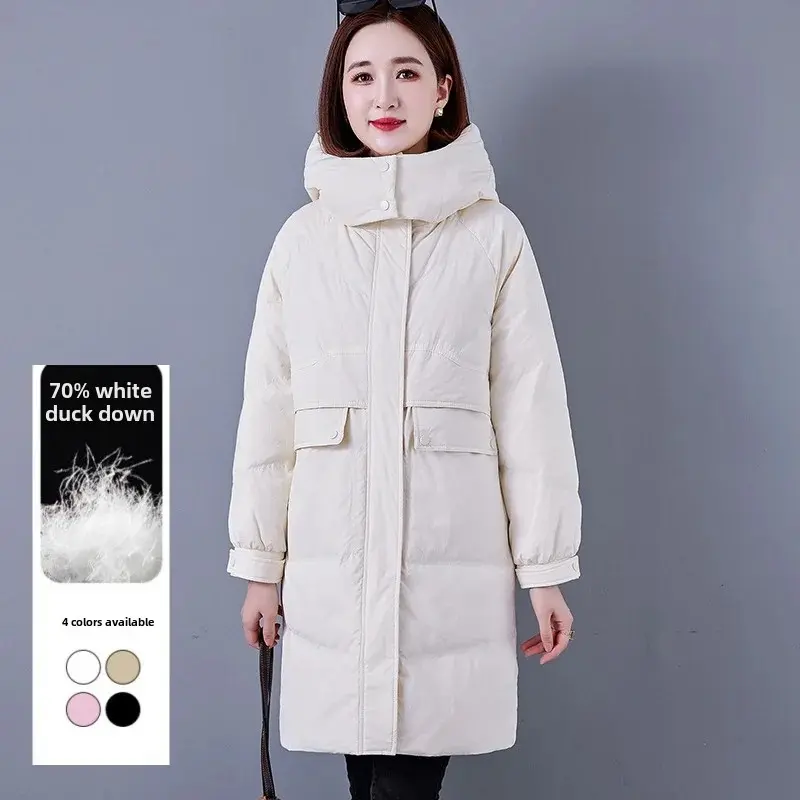 Plus Size Women's Winter Thickened Long White Duck down Cotton Jacket Stand Collar Warm Outerwear Fashionable Coat Bright Finish