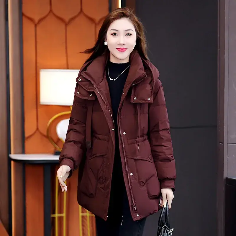 Plus Size Women's White Duck down Hooded Jacket Thickened Winter Coat Fashionable Stand Collar Warm Long Cotton Padded Outerwear