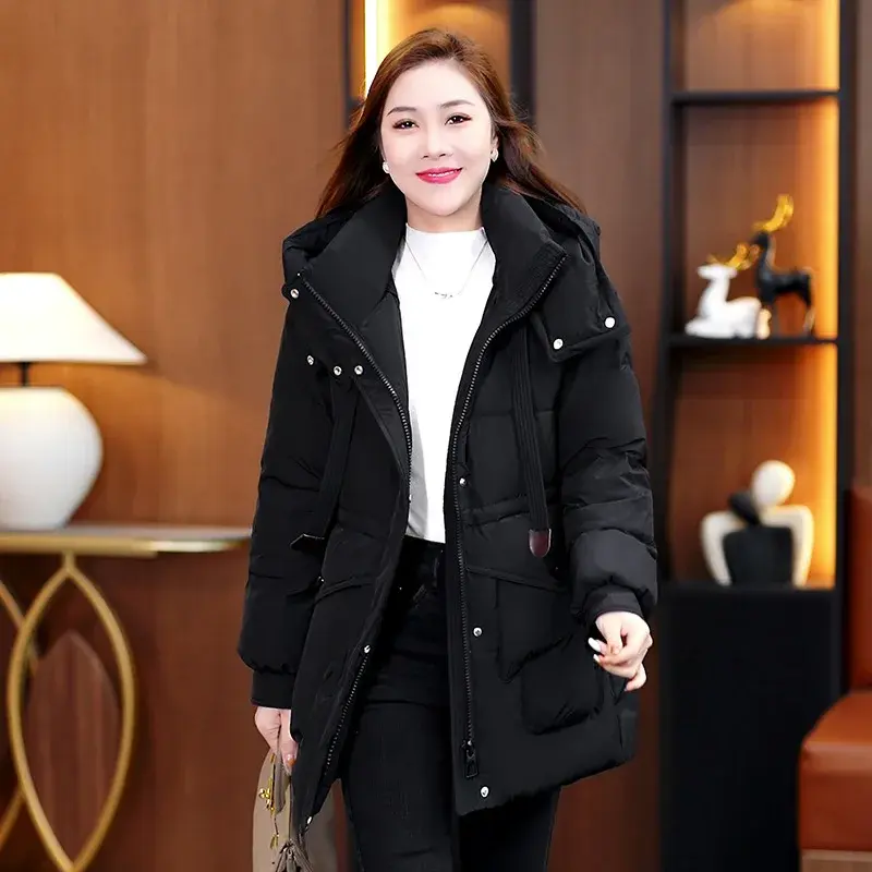 Plus Size Women's White Duck down Hooded Jacket Thickened Winter Coat Fashionable Stand Collar Warm Long Cotton Padded Outerwear
