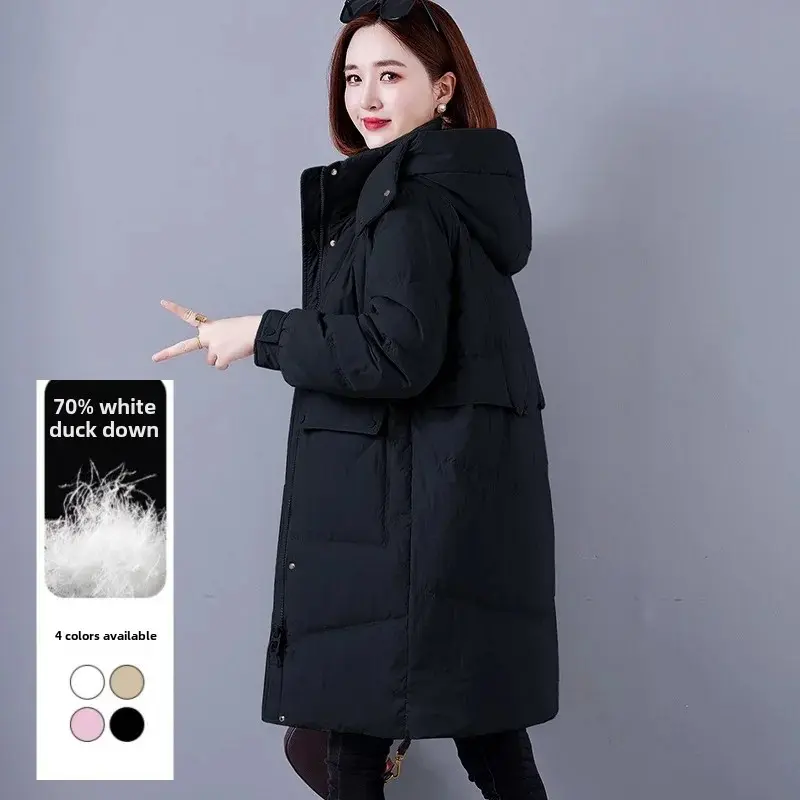 Plus Size Women's Winter Thickened Long White Duck down Cotton Jacket Stand Collar Warm Outerwear Fashionable Coat Bright Finish