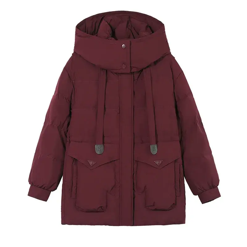 Plus Size Women's White Duck down Hooded Jacket Thickened Winter Coat Fashionable Stand Collar Warm Long Cotton Padded Outerwear