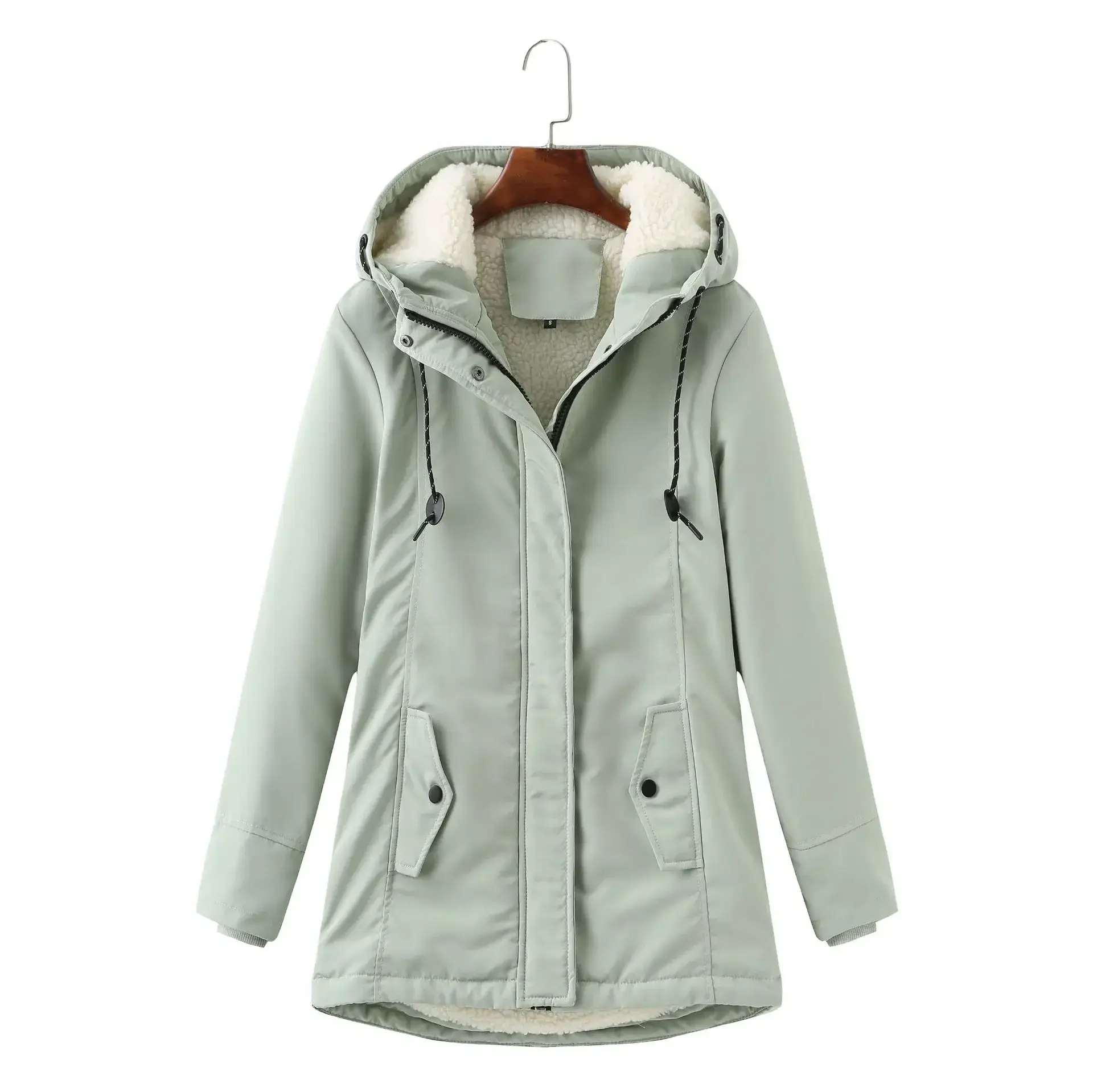Women Parkas Lamb Wool Hoodies Coats Thick Warm Tight Waist Loose Autumn Winter Casual Jackets Winter Mid Length Parka Coat