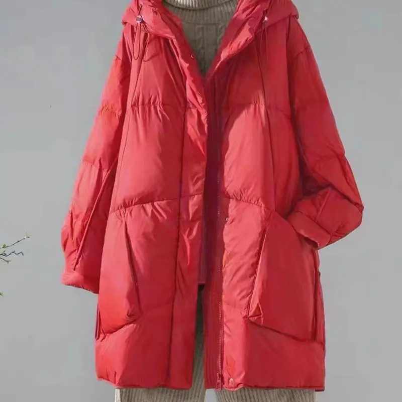 fashion Down padded jacket women Parkas 2025 winter new hooded Mid-Length Pockets thick Warm cotton Clothes loose overcoat T669